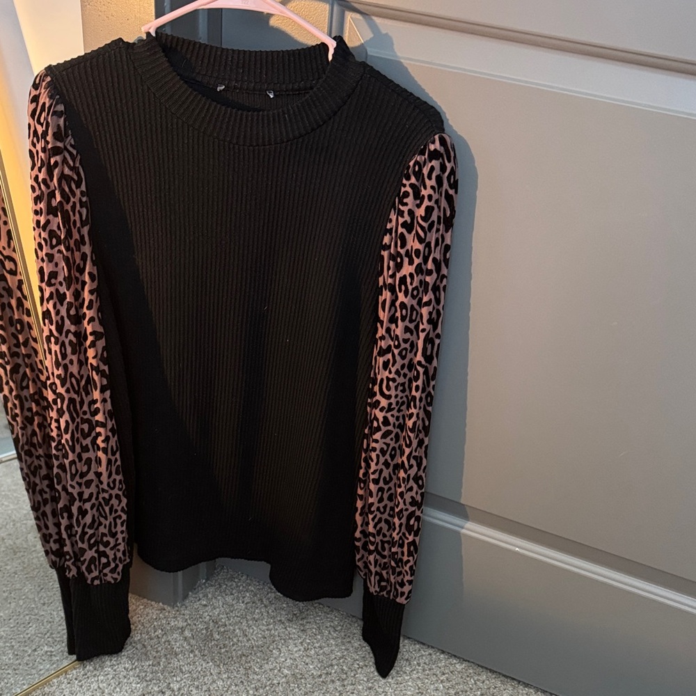 Black and Pink Leopard Sleeve Sweater Top